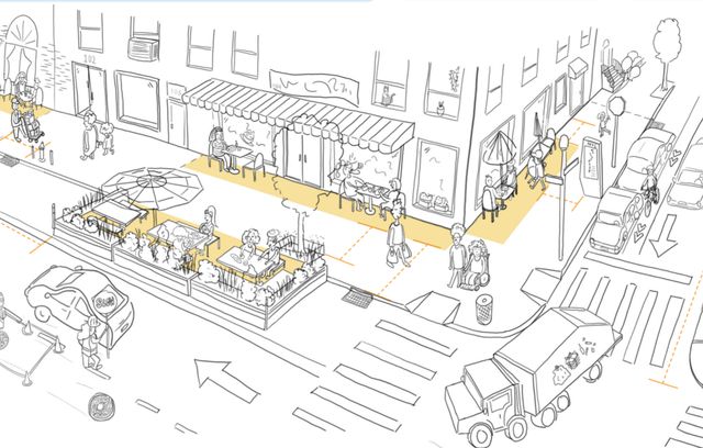 A drawing of outdoor dining on a street that shows an orderly flow of people and vehicles and structures